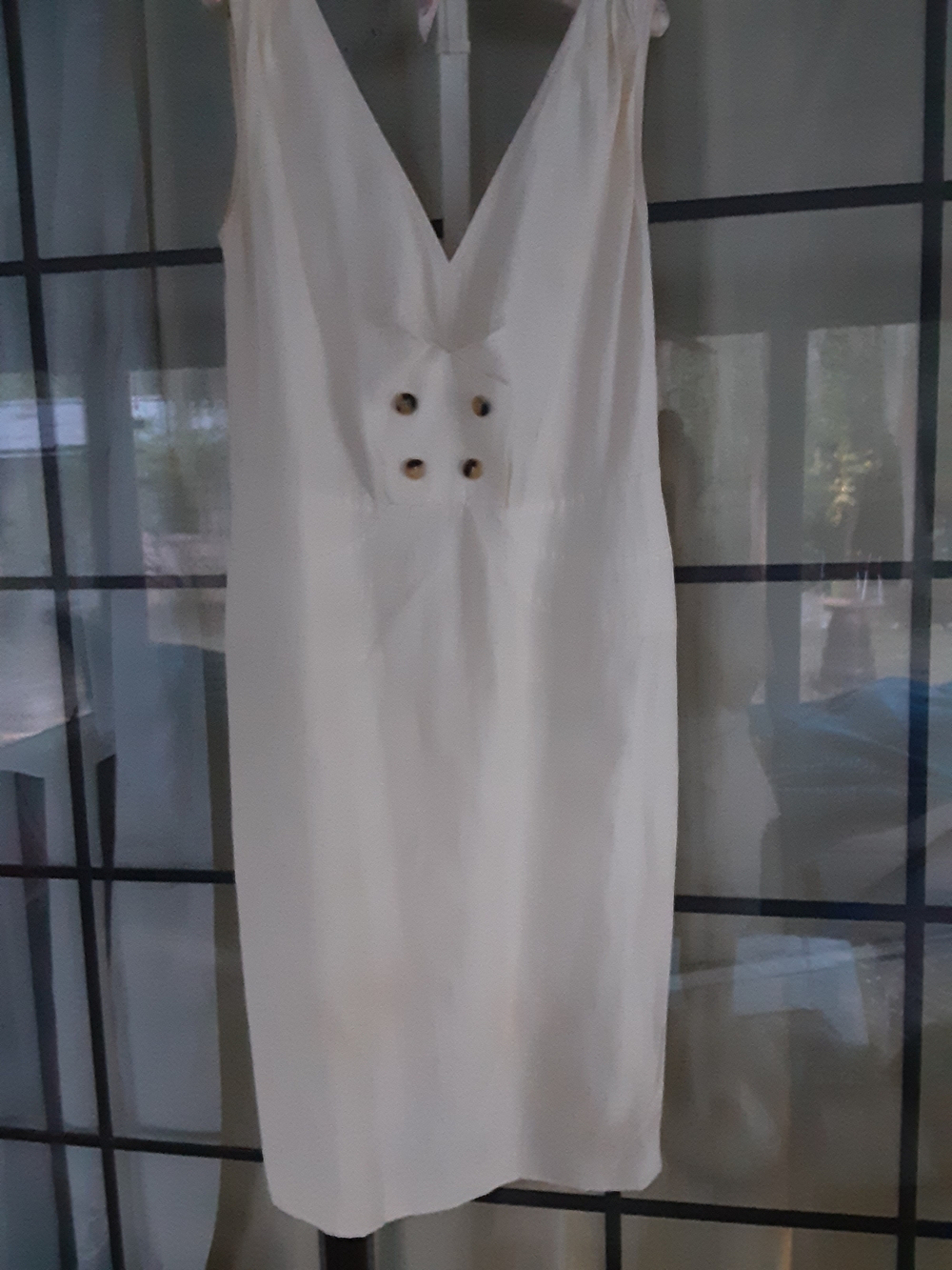 Escada Cream V-Neck Sleeveless Midi Dress with Decorative Button Detail